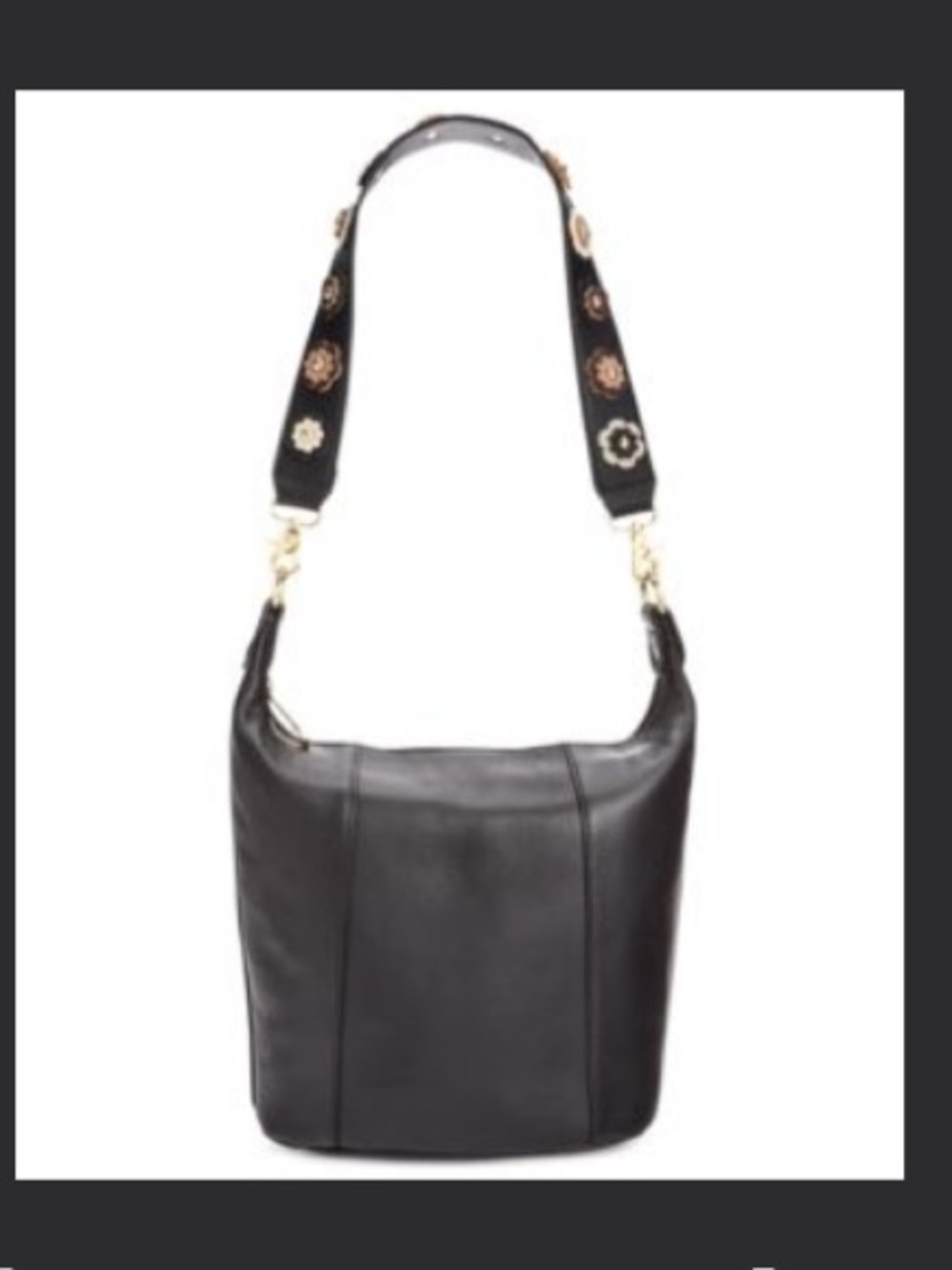 Emma Fox Black Leather Florette Bucket Bag with Embroidered Strap